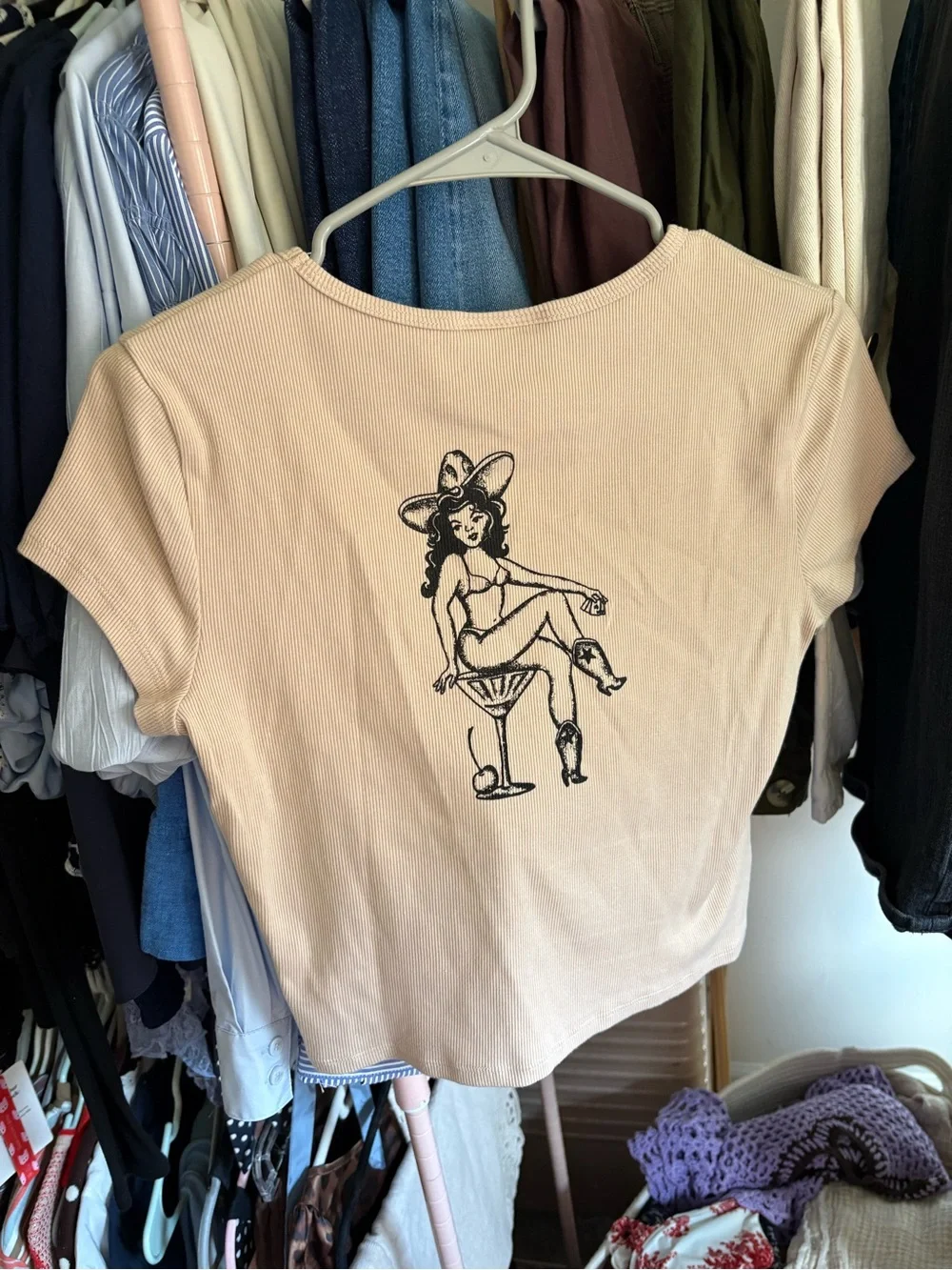 Reformation Beige Ribbed Crop Tee with Black Card Graphic